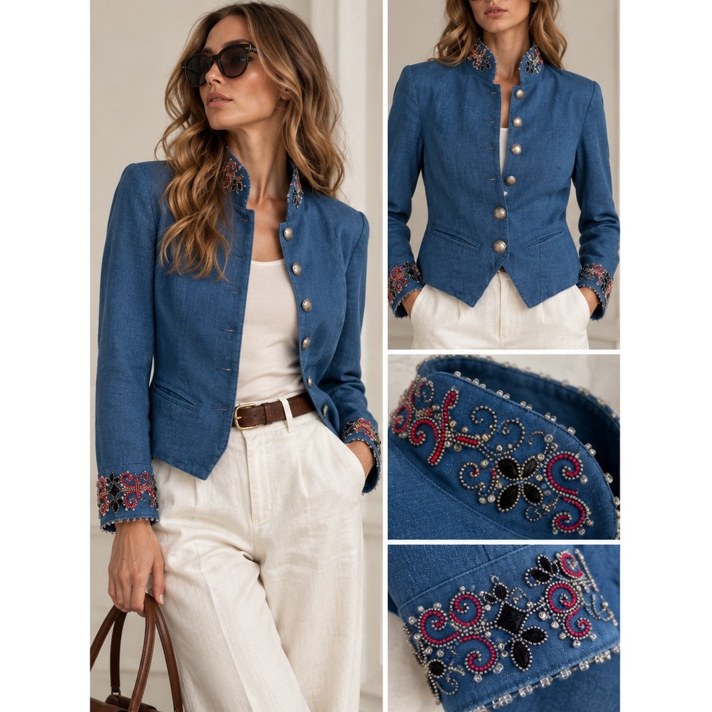 Double D Ranchwear Women's XS Blue Linen Rayon Beaded Embellished Western Jacket